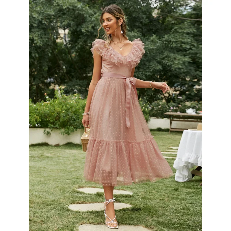 

Женское фатиновое платье, однотонный костюм с V-образным вырезом, сетка в горошек, открытая спина, розовые оборки, без рук