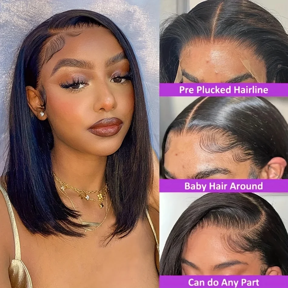 250% Human Hair Wigs Brazilian Remy Bone Straight Short Bob Wig For Women 14 Inch 13x6 Straight Lace Frontal Bob Wig Pre Plucked 4
