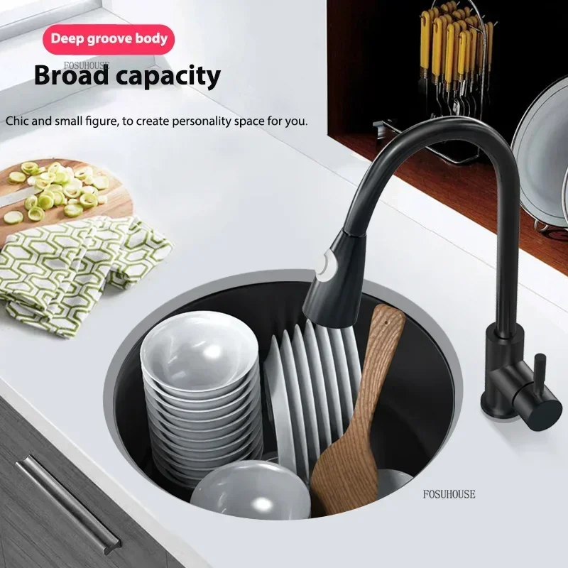 Black Nano Kitchen Sink Round Undermount Single Slot Small Sink 304 Stainless Steel Bar Balcony Washbasin For Kitchen