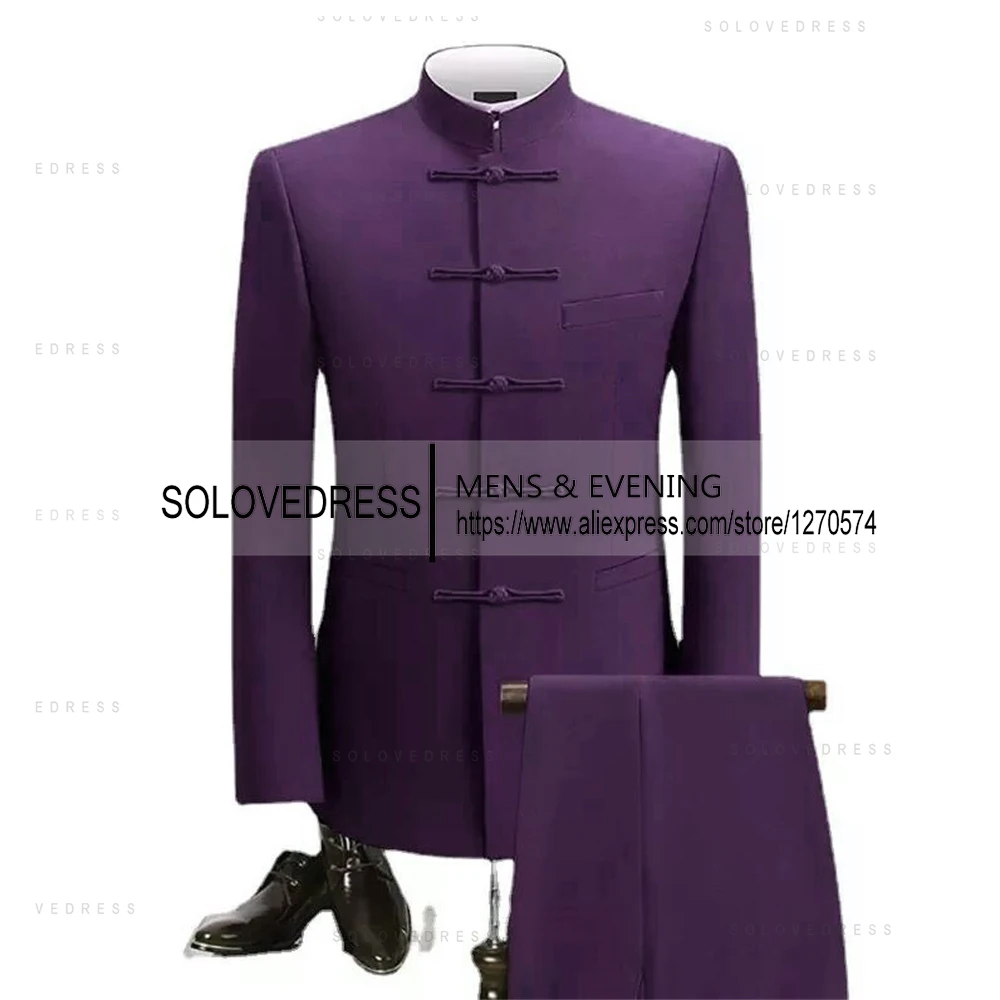 2 Pieces Men's  Zhongshan  Collar Chinese Tunic Suit Formal Suits Single Breasted  Groomsmen Wedding Tailored Fit (Blazer+Pants) 4