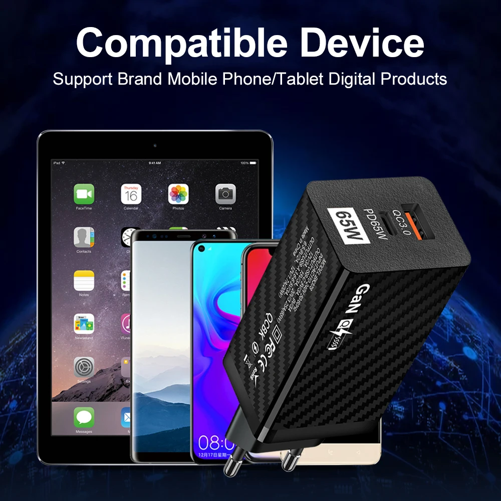 GAN 65W USB Type C Charger QC3.0 Fast Charging 2 Port EU/US Plug Wall Charger Adapter For iPhone Pro Huawei Xiaomi Redmi Samsung