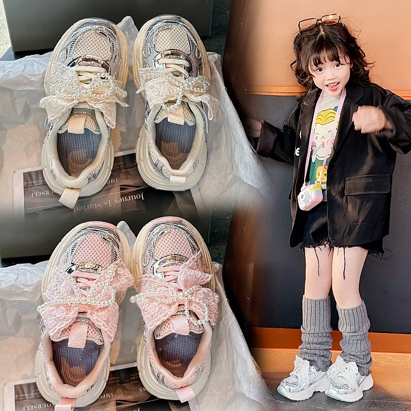 Girls Running Shoes with Sweet Mesh Bow Kids Sports Shoes Breathable 2025 New Fashion Children Sneakers Princess Style Cute 4