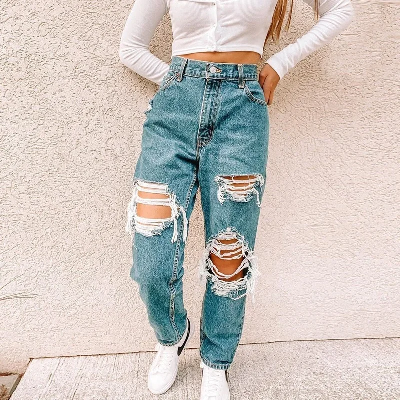 2021 Sexy Chic Hole Ripped Denim Straight Full Length Pants Casual High Waist Fitting Distresses Wild Trendy Destroyed Trousers