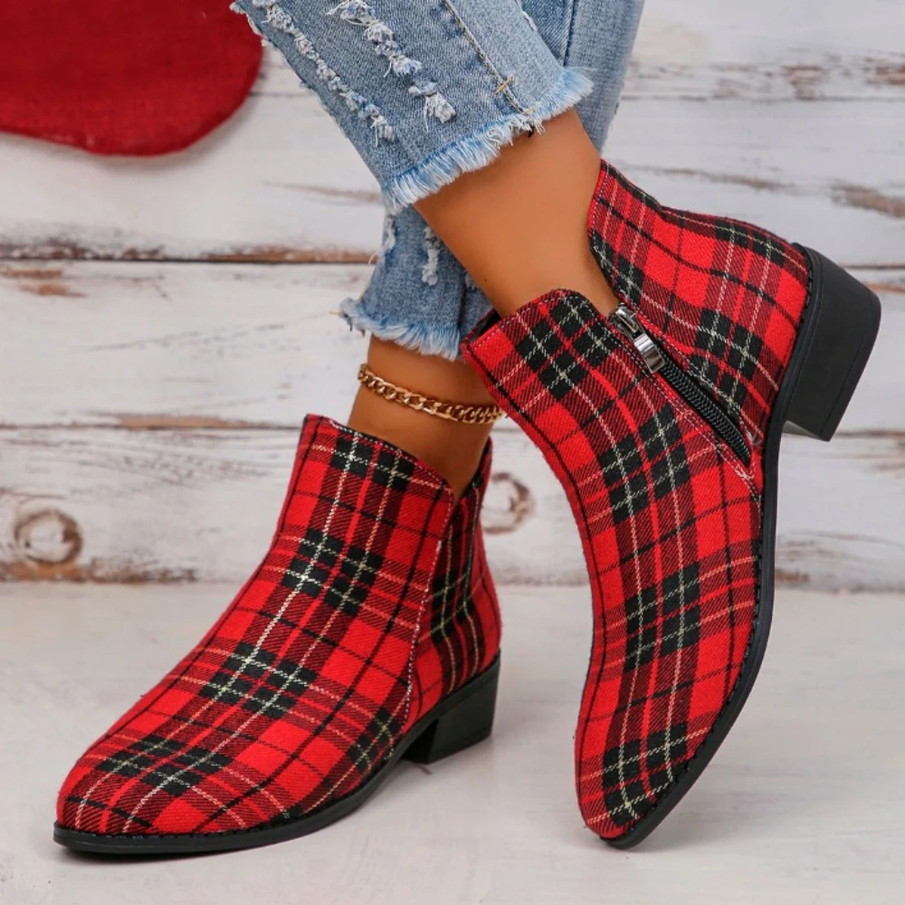 

Женские ботильоны в ретро стиле, красные клетчатые женские ботинки челси, Уличная Повседневная обувь на платформе, Классическая обувь на молнии сбоку для женщин, 2023