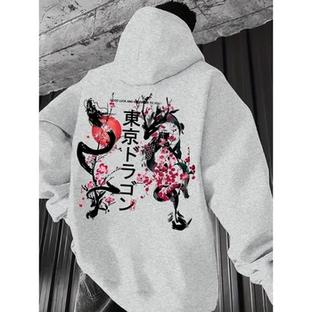 هوديي رجالي على الطراز الياباني باللون الأخضر الداكن مع طباعة سمكة الكرز كوي حبر أبيض سبلاش عادي كم طويل كاجوال 4