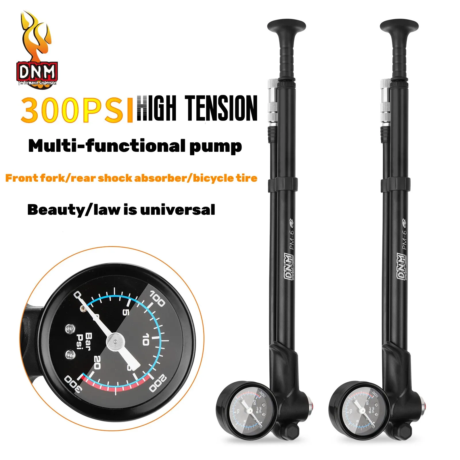 

DNM Portable High-pressure 300psi Road Bike Air Pump with Gauge for Fork & Rear Suspension Shock Absorber Mountain Bicycle Pump