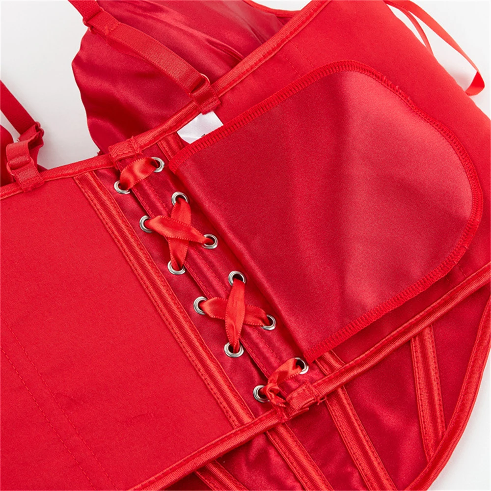 Sexy Corset Top Red Satin Lace Up Plastic Boned Bustiers Crop Tops Body Shaper Lingerie for Women Waist Trainer