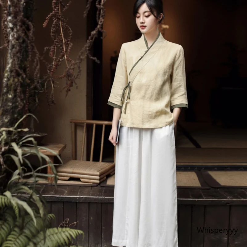 Summer New Chinese Style Shirt Retro Tang Suit Hanfu Cheongsam Tops Zen Tea Artist Chinese Traditional Clothing Female Elegance