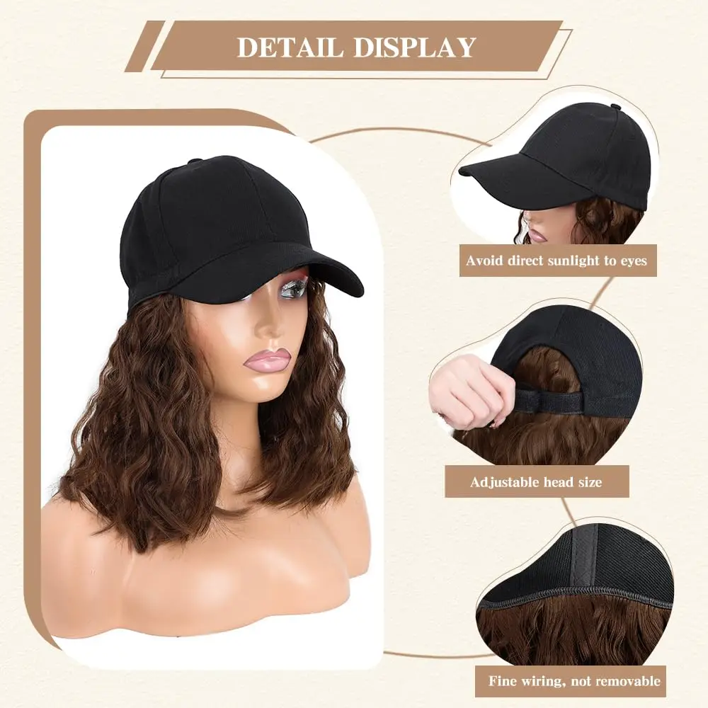 Short Wave Baseball Cap Wig with Curly Hair Extension Synthetic Wave Wig Hat for Women Adjustable Brown Black Baseball Hat Wig