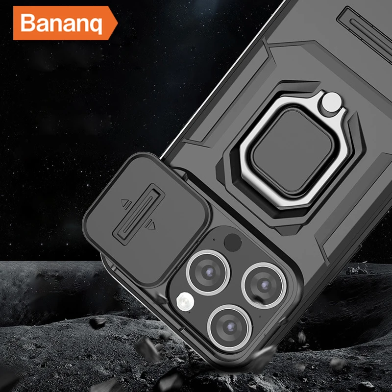 Bananq Slide Lens Camera Phone Case For iPhone 15 14 Plus 13 Pro Max Shockproof Magnetic Ring Stand Armor Back Cover_voghion.com