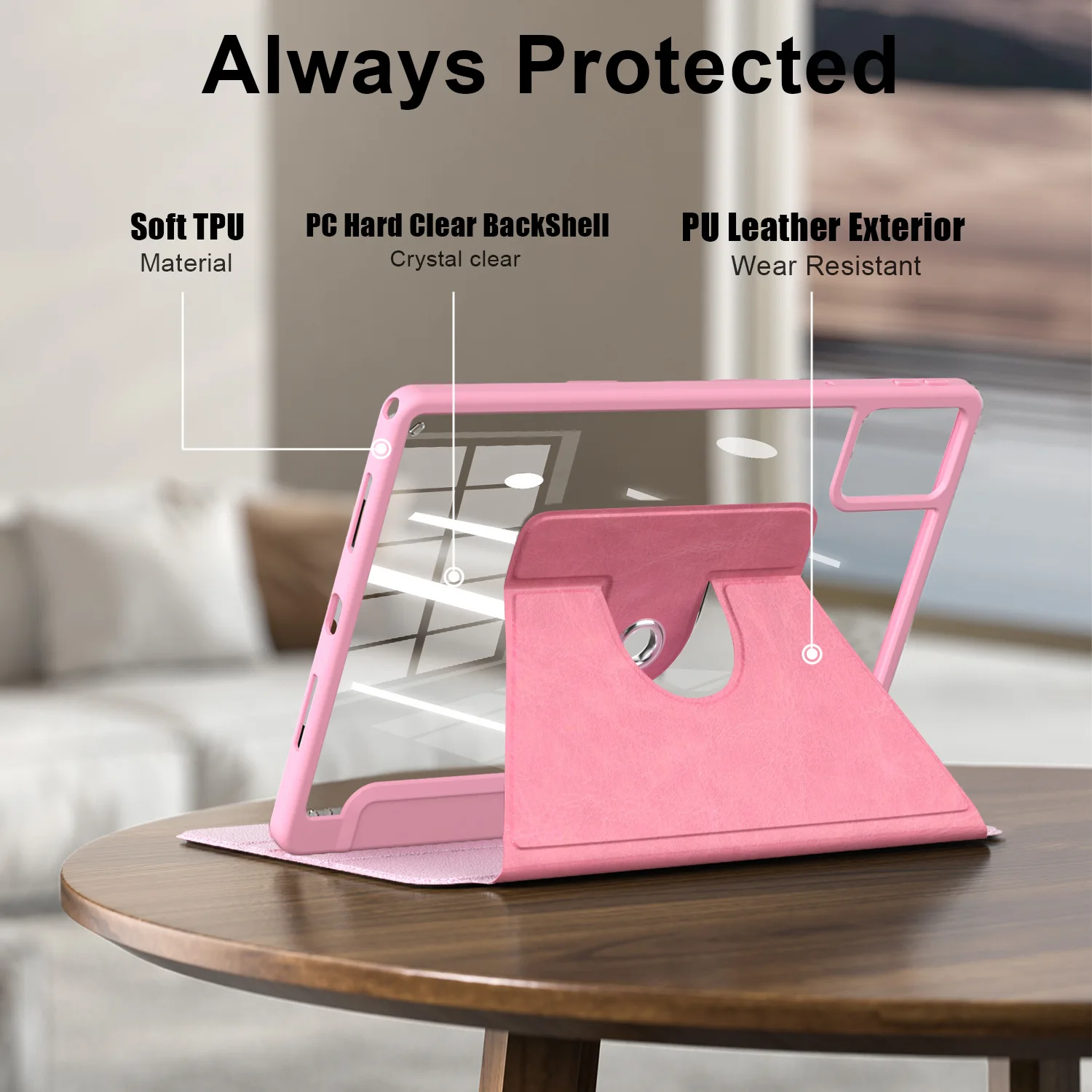 360° Rotating Tablet Stand Case with Pencil Holder and Acrylic Back Cover