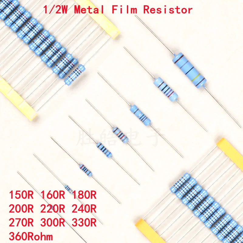 50piece 1/2W Metal Film Resistor New 1% 150R 160R 180R 200R 220R 240R 270 300R 330R 360R Ohm Accurate High Good Quality Ohms DIP 100piece 1 4w metal film resistor new 1% 15r 16r 18r 20r 22r 24r 27r 30r 33r 39r 43r 47r ohm accurate high good quality ohms dip