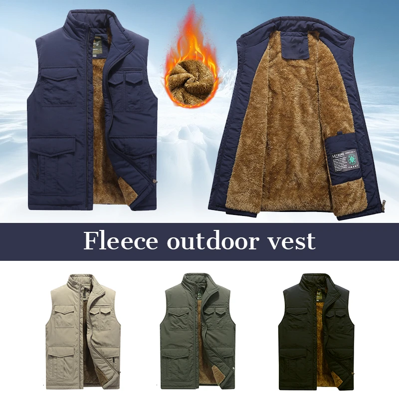 Men Winter Warm Vest Multi Pockets Thick Fleece Liner Waistcoat  Outdoor Windproof Waistcoat Polar Fleece Sleeveless Jacket 8XL