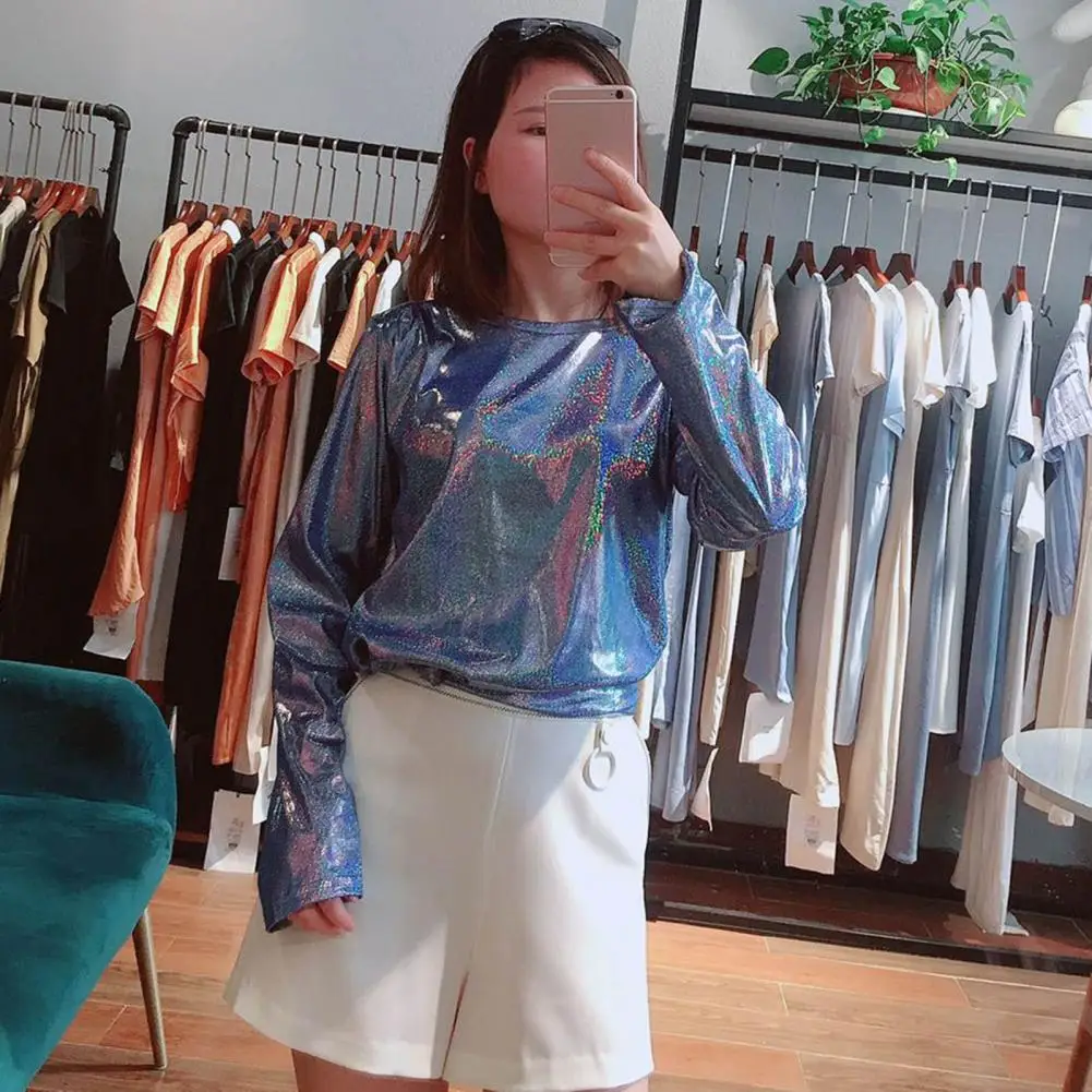 

Блестящая Светоотражающая футболка со сверкающими блестками, украшенная блестками, женская футболка с длинным рукавом, свободный крой, пуловер, топы