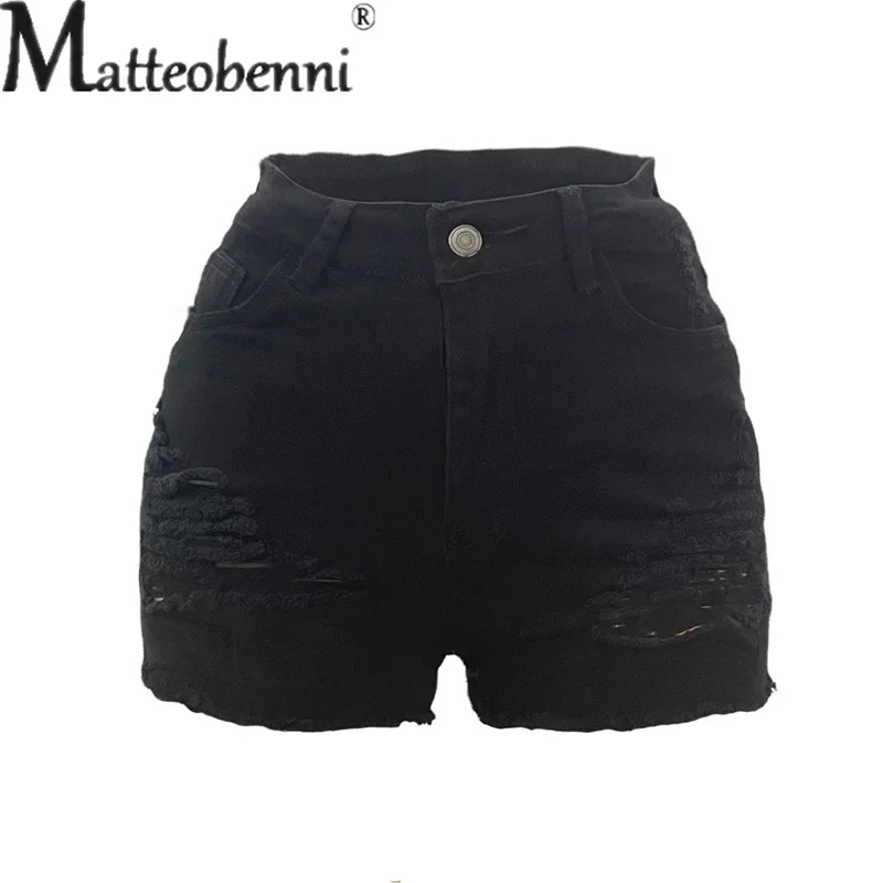 Fashion High Waist Button Splicing Stretch Denim Shorts 2023 Summer Women's Solid Color Broken Holes Three Quarter Pants Female
