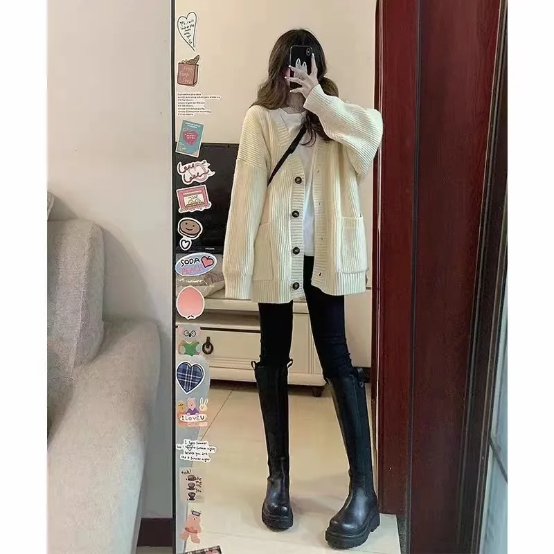 Women Sweater Cardigans Coats Autumn Winter Fashion Female Long Sleeve V-neck Loose Knitted Jackets Casual Cardigan Sweaters