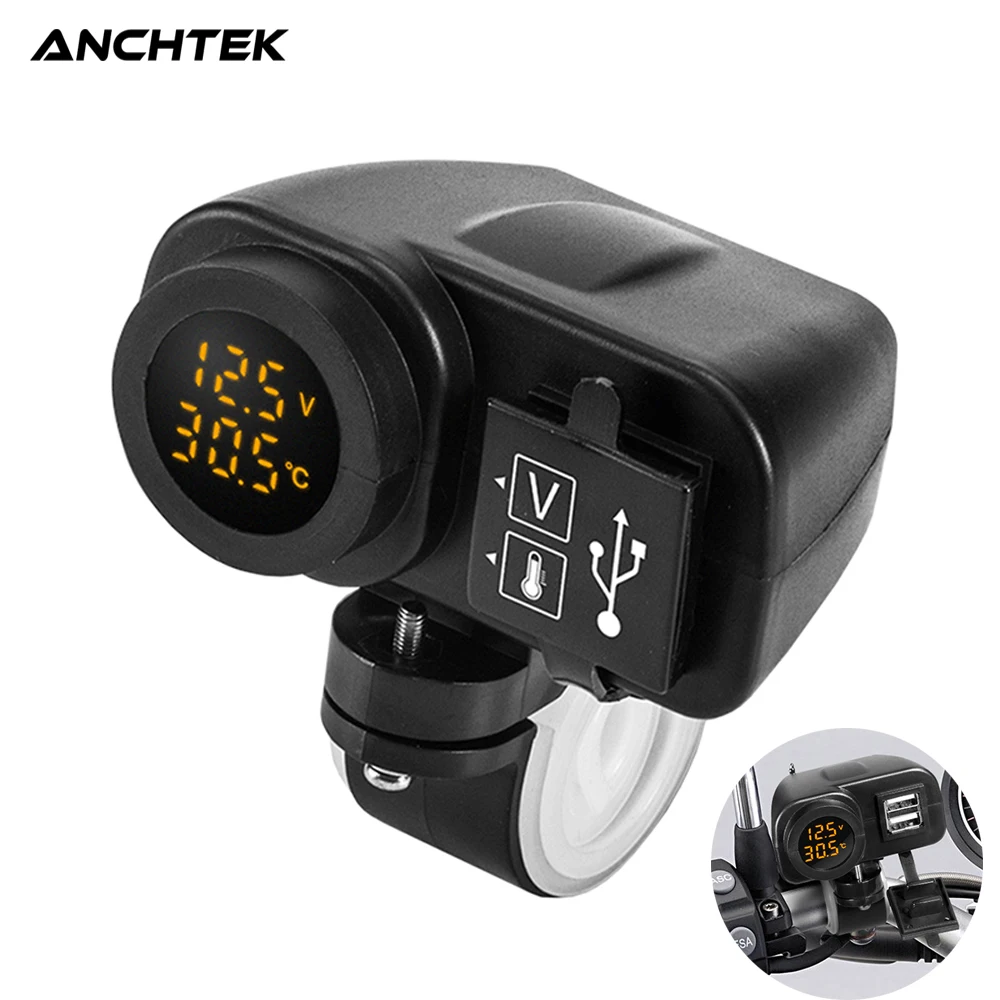 Anchtek Motorcycle Phone Charger QC3.0 Dual USB Fast Charging Voltmeter Thermometer Digital Display Socket Adapter for Phone