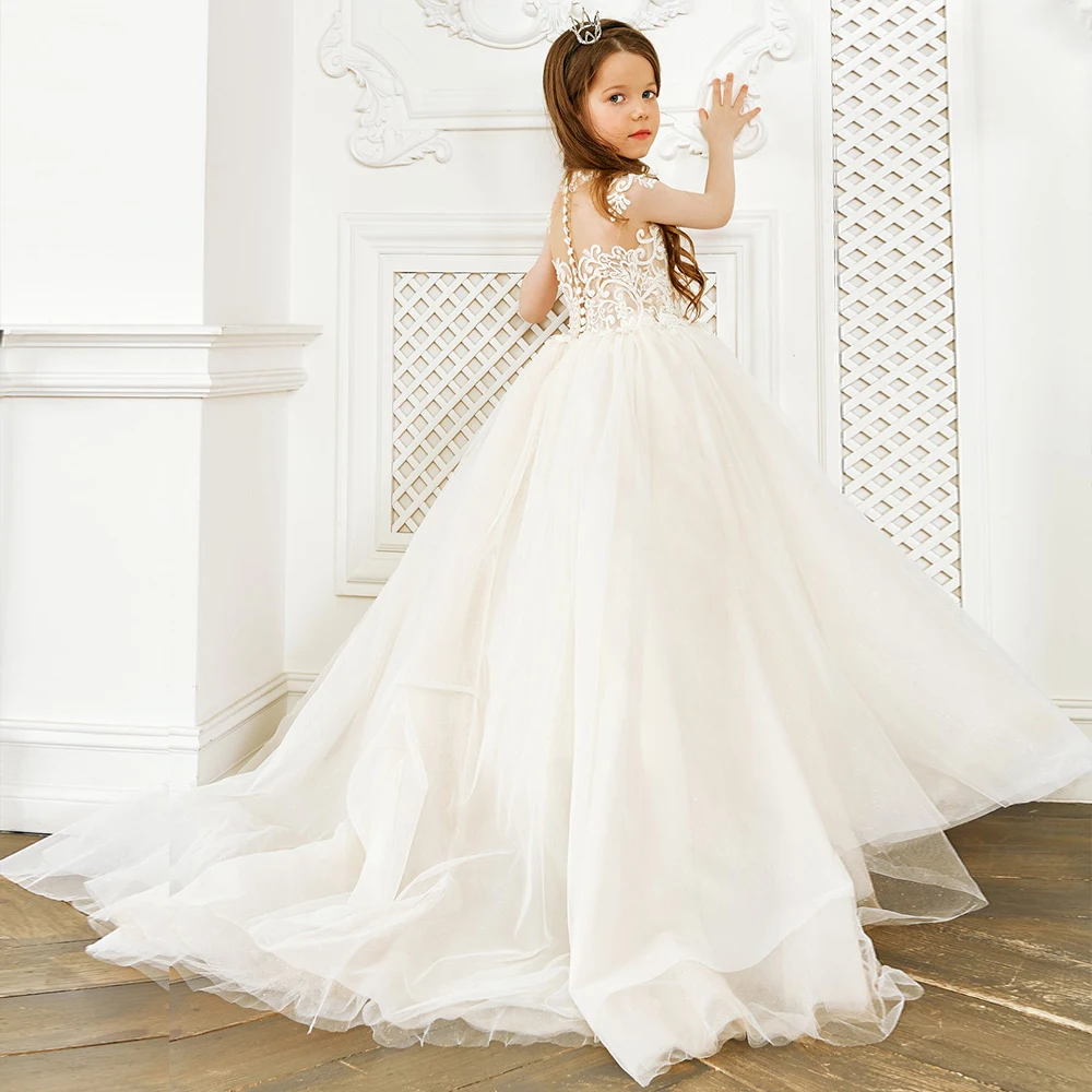 

Кружевное Тюлевое платье с цветочным принтом для девочек, бальное платье с бантом для детей на Первое причастие, платье принцессы для свадебной вечеринки, для маленькой подружки невесты