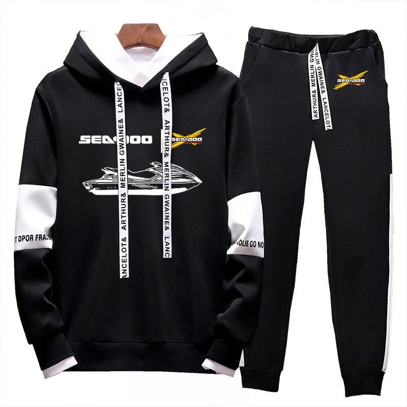 2023 men's lace-up sportswear Sea Doo Seadoo Moto printed tricolor hoodie+casual drawstring trousers suit in spring and autumn