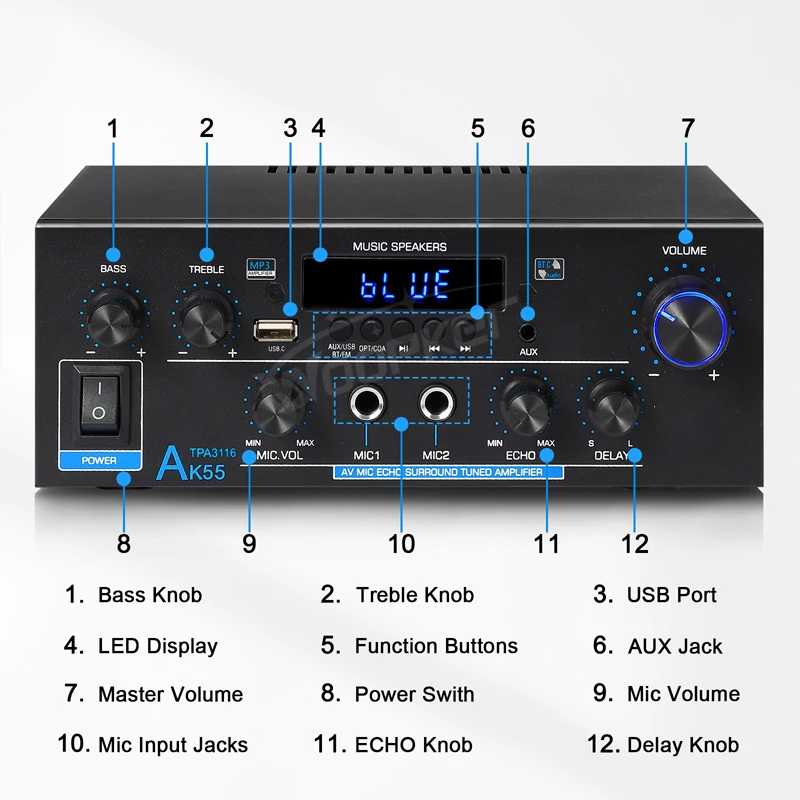 AK55 Bluetooth Amplifier HIFI Digital Sound Amp Channel 2.0 for Home Car Karaoke