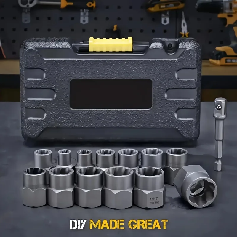 14 יחידות מערכת שקע פגום, מוציא אגוזים וברגים ומסיר - מוציאי פלדת מוליבדנום כרום עם קופסת אחסון