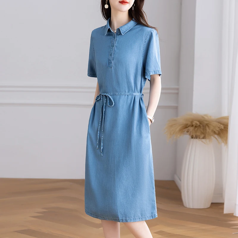 

Short Sleeve thin denim Dress Women's Mid length denim dresses