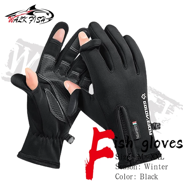 WALK FISH Waterproof Winter Fishing Gloves 2 Finger Flip Windproof Women  Men Gloves Velvet Warm Protection