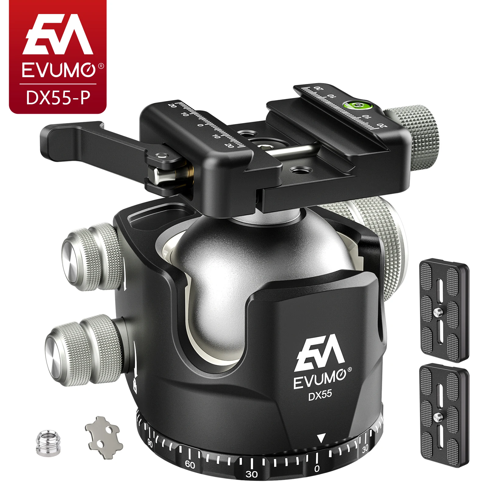 Tripod Ball Head Camera Panoramic Head EVUMO Ball Head 55mm for Tripod Camera Picatinny/Arca Swiss Tripod Head Mount Aluminum Alloy panoramic DX55-P Max Load 40kg