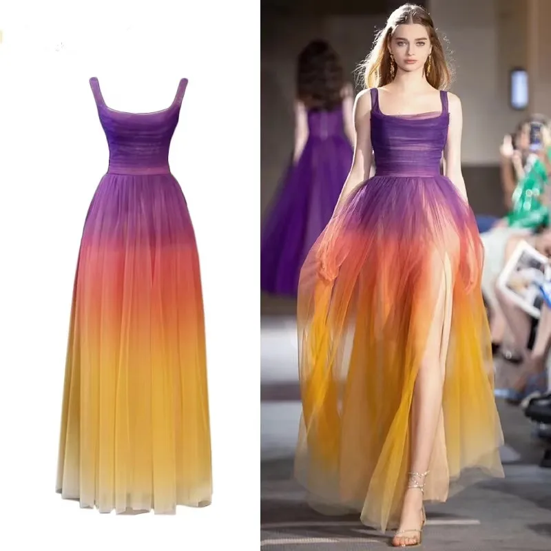 

Женское Сетчатое платье на бретелях-спагетти, Элегантное повседневное платье с квадратным вырезом и градиентом, платье для отдыха, лето 2024