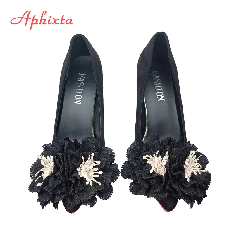 Aphixta Hot Sale Flowers Super Hight 10cm/12cm Stiletto Heels Pumps Sex Change Women Flock Office Casual Shoes Big Size 49 50