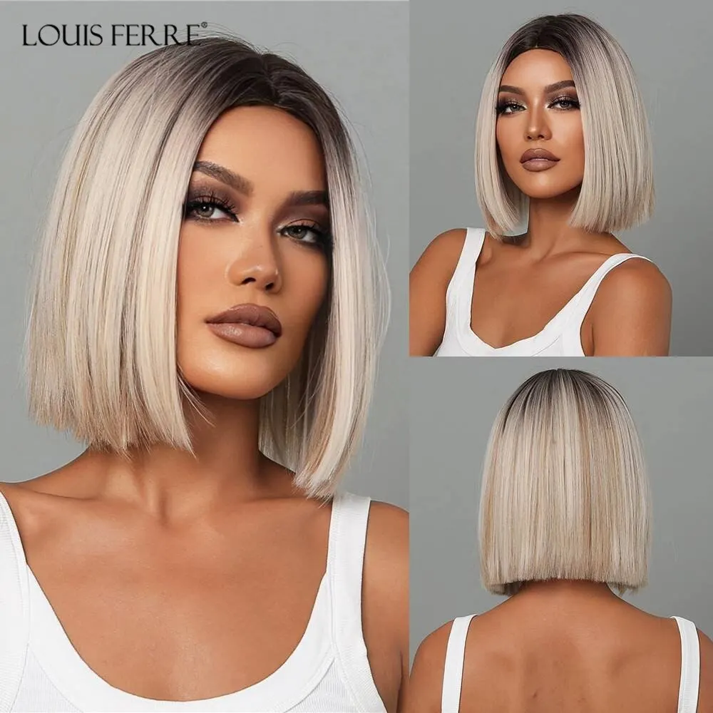 LOUIS FERRE Short Blonde Bob Synthetic Wigs With Dark Root