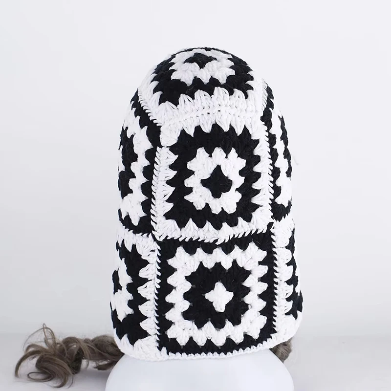 Autumn Winter Balaclava Hats for Women Handmade Crochet Knitted One-Piece Beanies Retro Floral Square Woolen Caps Earflap Bonnet 6