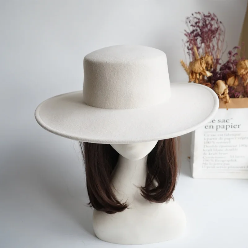 

202309-pan dropshipping British winter wool felt Custom-made 10cm brim milk white fedoras cap men women panama jazz hat