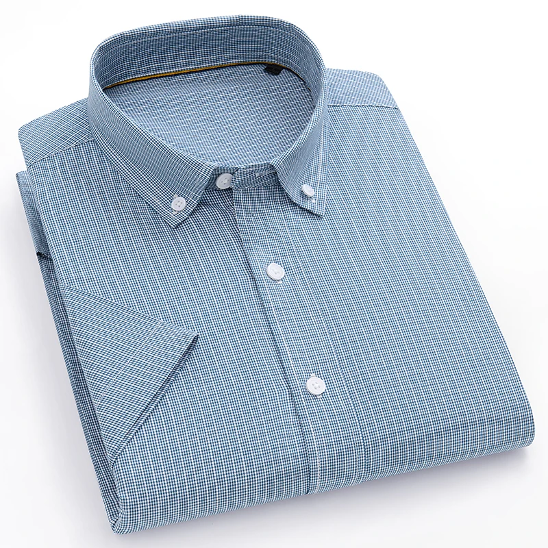 Fashion korean popular clothes cotton short sleeve shirts for men slim fit casual plain shirt houndstooth plaid striped tops