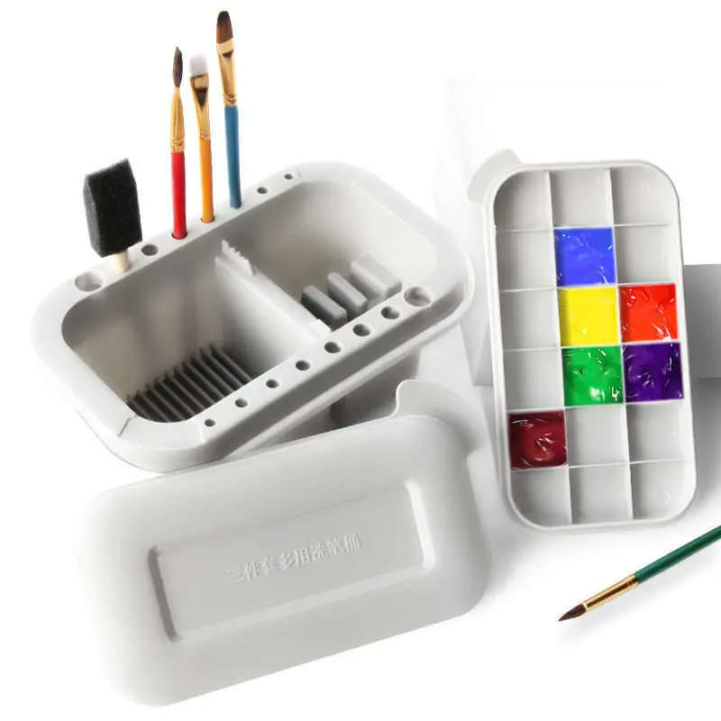 1 Set Multifunctional 3 In 1 Wash Pen Bucket With Pen Holder And Painting  Palette Lid, Paint Brush Basin, Brush Tub, Washing Tool For Art Painting Gou