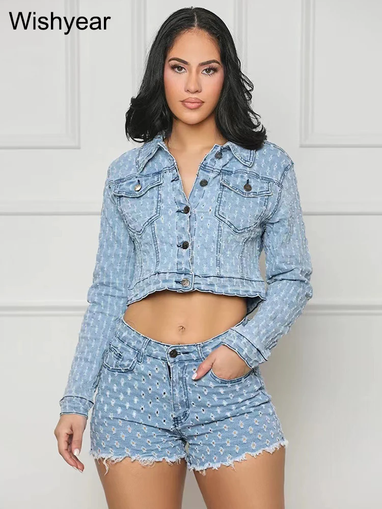 Fashion Birthday Blue Ripped Hole Denim Two 2 Piece Set Women Long Sleeve Jacket Tops and Shorts Matching Club Outfit Streetwear