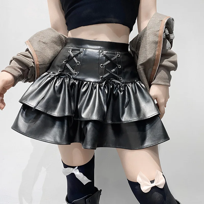 

new summer Punk Style PU Leather Mini Skirts Hight Waist Lace Up Bandage Black Pleated Mini Skirt Streetwear Girls dark wind