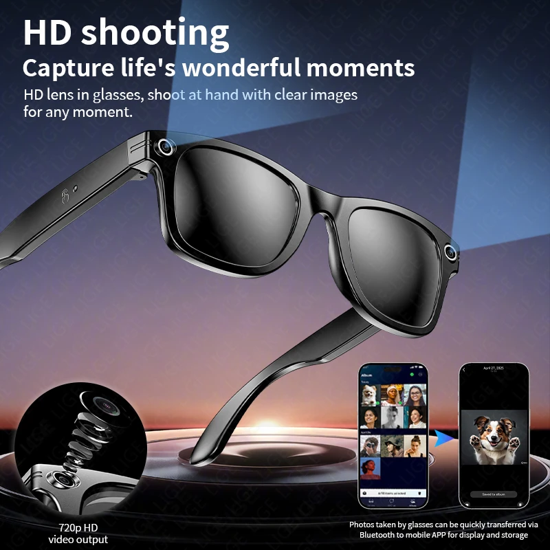 LIGE Camera Glasses Smart Sunglasses Photo Video Recording AI Dialogue Intelligent Bluetooth Call Music AI Glasses for Men Women