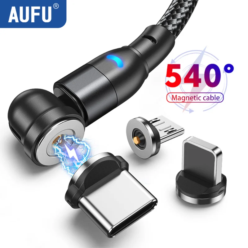 AUFU 540 Rotate USB Magnetic Phone Charger Data Cord USB Type C Cable Magnet Cable Micro USB Charge Wire For Samsung Xiaomi POCO