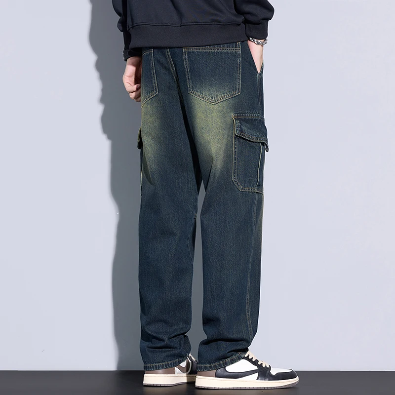 Men's 97% Cotton Straight Cargo Jeans Trendy Multi-pocket Nostalgic Loose Trousers Man American Vintage Fashion Denim Pants 6