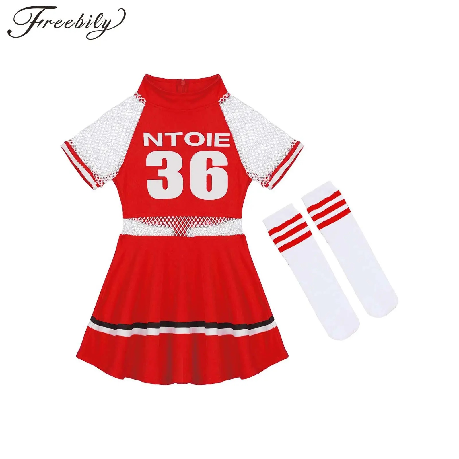 

Детская одежда для чирлидинга для девочек, ажурное танцевальное платье с коротким рукавом и буквенным принтом и вырезами, с носками, костюм для выступления Вечерние