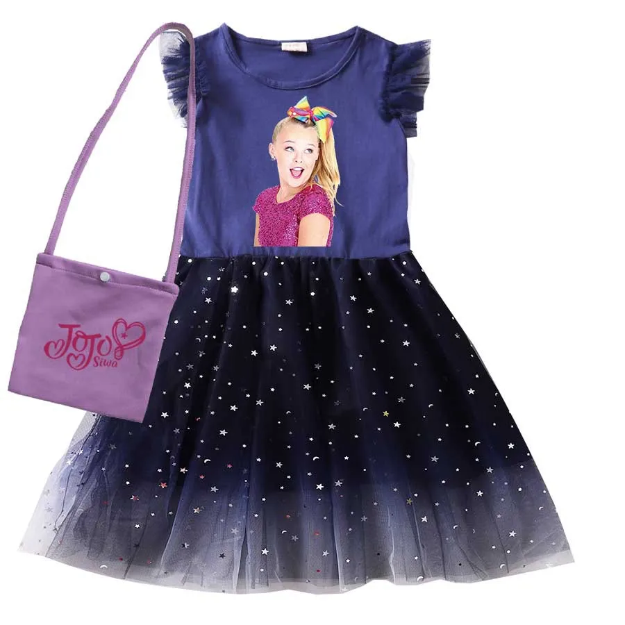

A-line Little Girls Cartoon JOJO Siwa Dress Toddler Kids Girl Party Short Sleeve Dresses+ Bag Sundress Summer Clothes