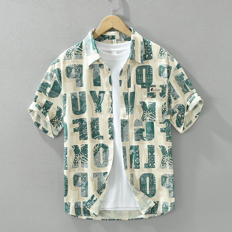 

Модные мужские рубашки с коротким рукавом с буквенным принтом, лето 2024, новая модель, повседневные свободные хлопковые рубашки