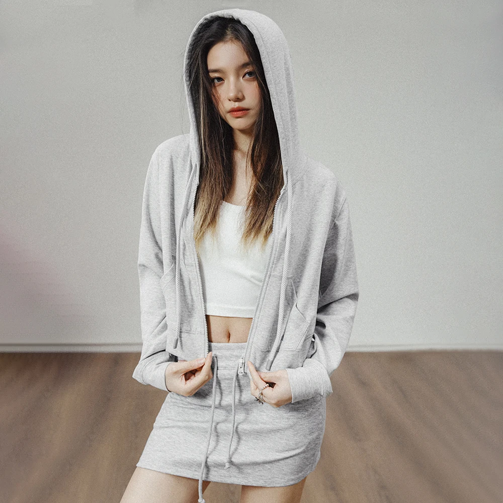 Maden High Waisted Short Hoodies for Women Light Gray Hooded Zippered Sweatshirt Cardigan Sports Jacket Spring and Autumn Coat