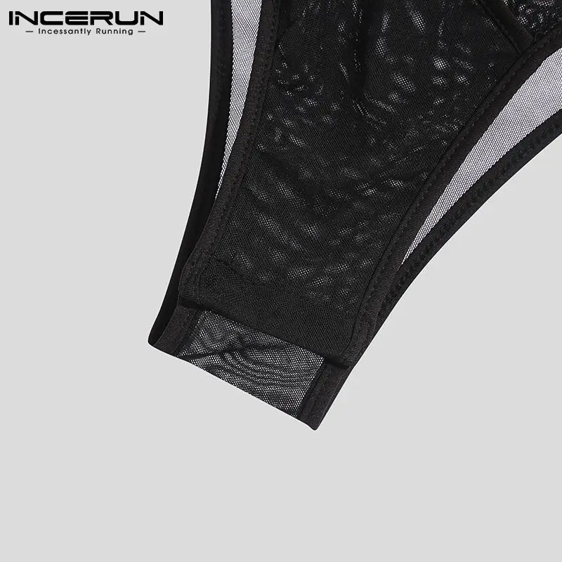 INCERUN 2022 Comfortable Homewear Men's Jumpsuit See-through Mesh Solid Color Male Irregular Sleeveless Triangle Bodysuits S-5XL mens pajama bottoms