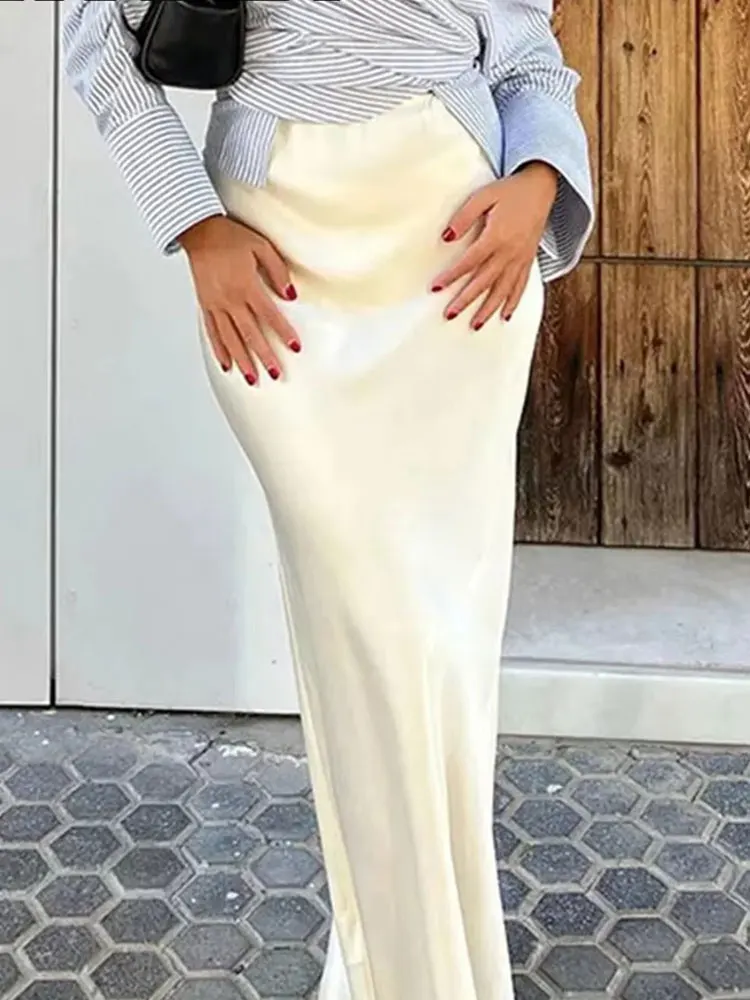 HH 2024 Y2K Casual Women Long Skirt Spring Elastic High Waisted A-Line Casual Female Satin Skirts High Street Lady Skirts