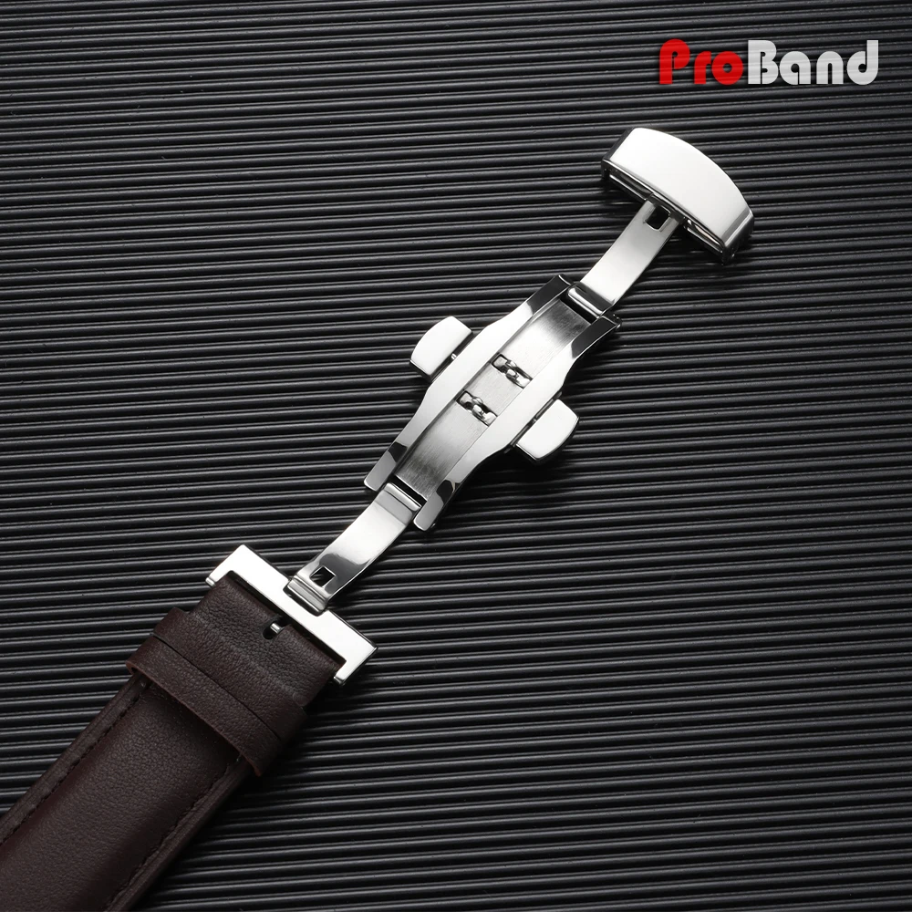 Elegant Leather Watch Band with Gold Butterfly Buckle - Soft Black & Brown Wristbelt