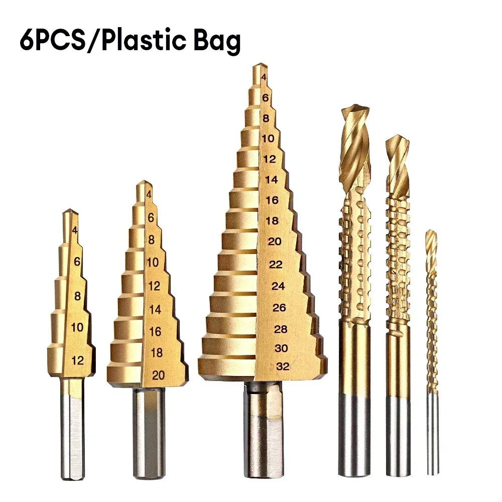 

6Pcs Step Drill Bit Saw Drill Bit Set Titanium Milling Cutter 4-12 4-20 4-32mm 3 6 8mm For Woodworking Metal Core Hole Opener