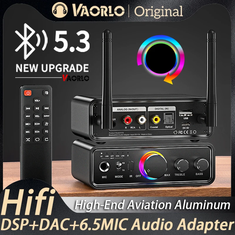 Bluetooth Adapter RGB Bluetooth 5.3 Transmitter Receiver DAC/USB/RCA/AUX/Optical/Coaxial/6.5MM Microphone Karaoke Hifi DSP Wireless Audio