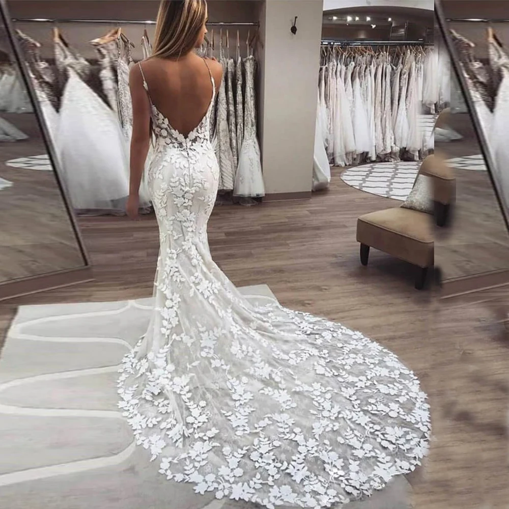 

Mermaid Backless Wedding Dress for Women Bride Lace Appliques Bridal Gowns V-neck Spaghetti Strap Custom Made Robe De Mariée
